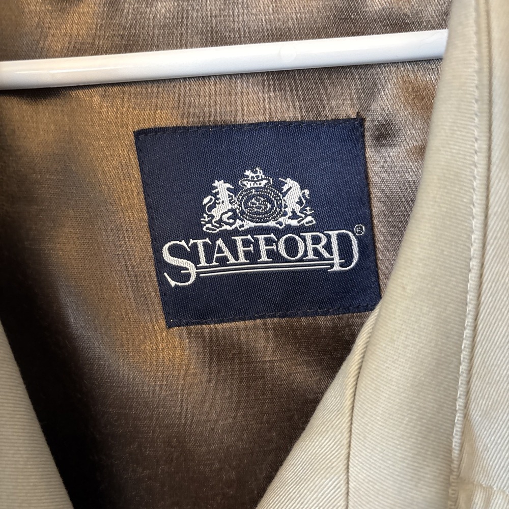 Stafford Trench Coat Dlb Breasted Overcoat Zip Liner Mens 46L Khaki Poly Cotton - Picture 3 of 7